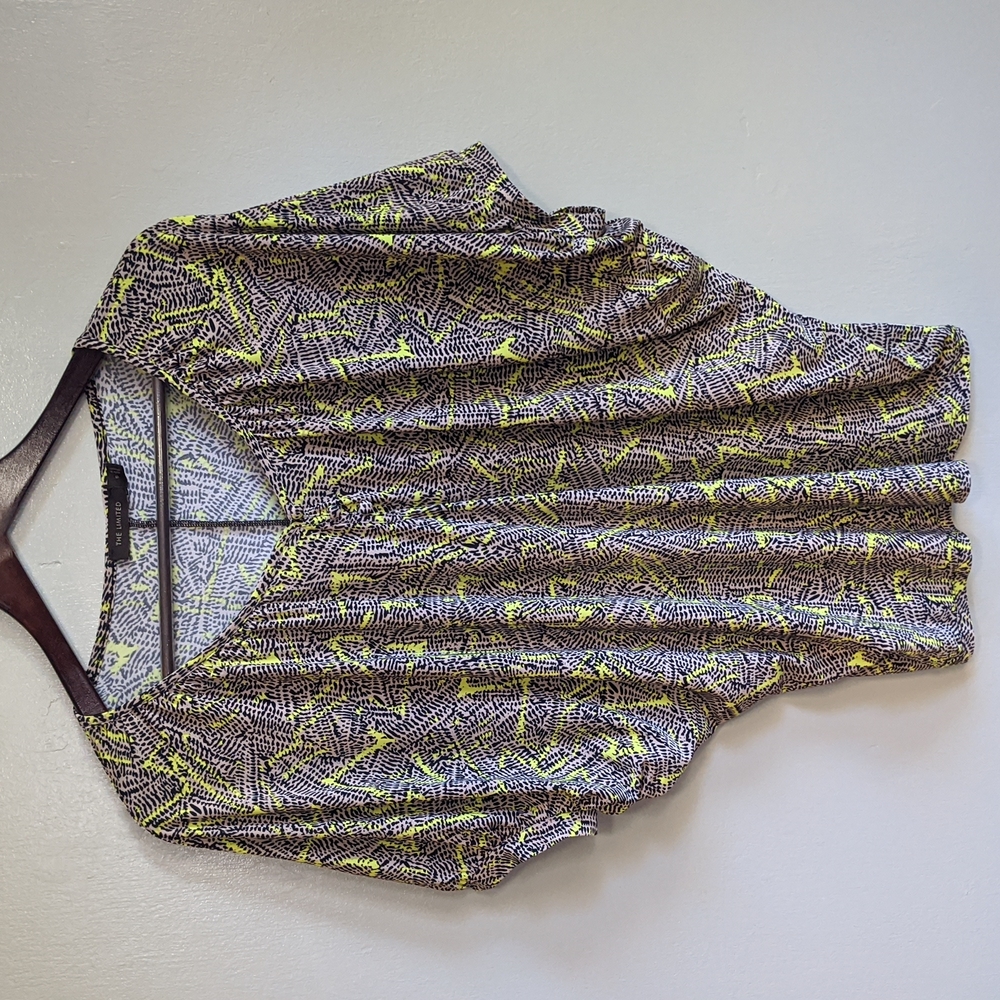Dolman Sleeve Top Tan, Black, & Neon Yellow Patterned Stretchy  by The Limited